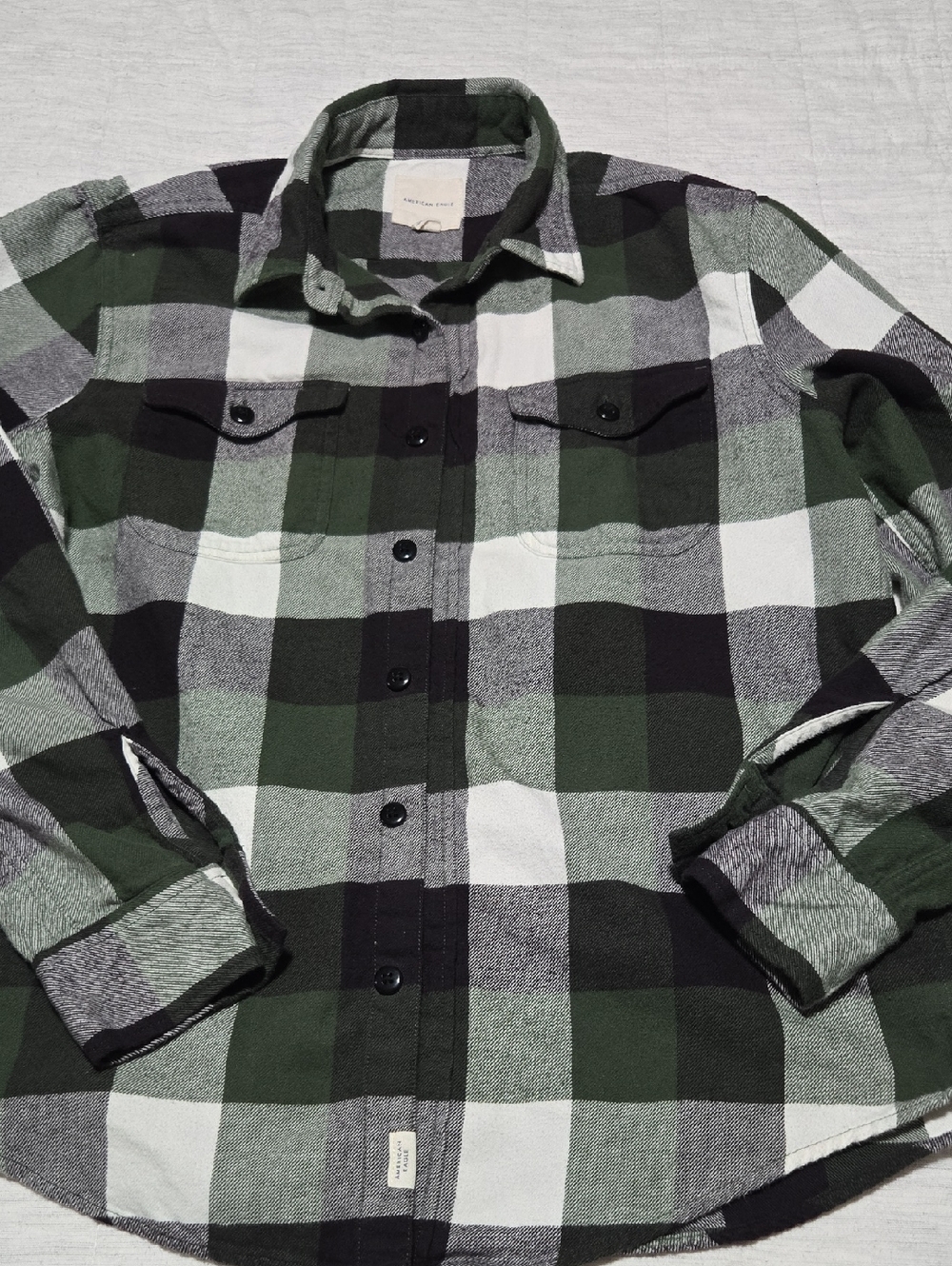 American Eagle Outfitters Green, Black & White Plaid Button-Down Shirt